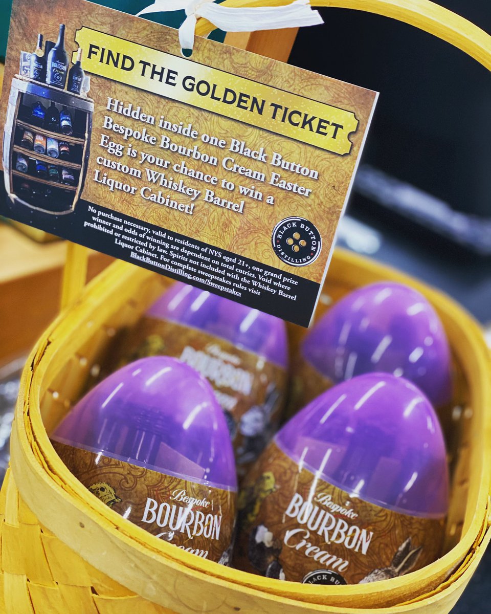 CDLiquor's tweet image. *Limited stock item* Black Button Bourbon Cream minis inside a purple Easter egg! But wait... it gets better! Find the golden ticket inside one of the eggs and you could win a custom whiskey barrel liquor cabinet! 🥃🐣🐰#ChiliLiquor #BlackButton #Easter