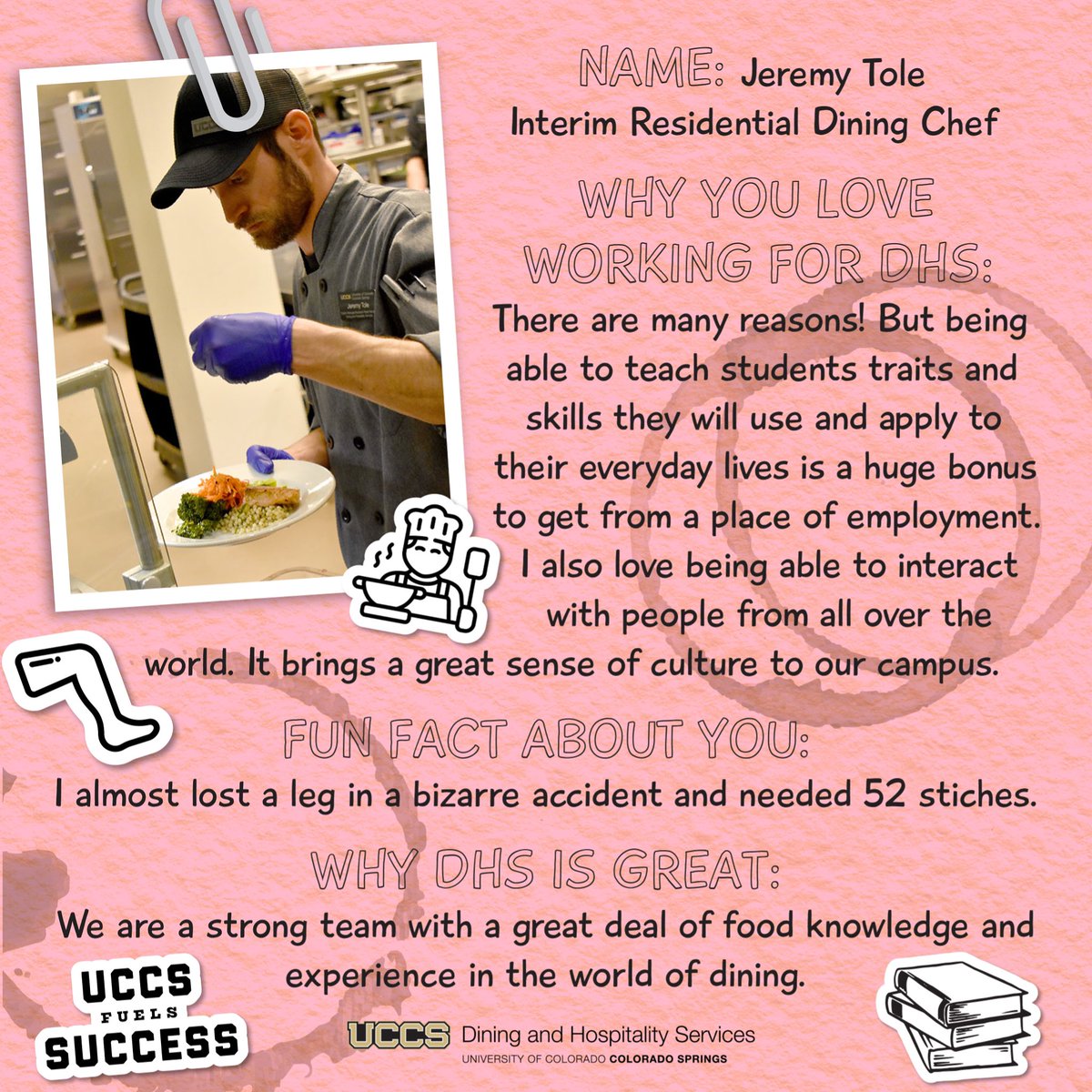 MtnLionLife's tweet photo. 👨🏻‍🍳 MEET CHEF JEREMY! Chef Jeremy is the Interim Residential Dining Chef for UCCS Dining and Hospitality Services. You can meet Chef Jeremy TOMORROW from 5-7 p.m. at Roaring Fork where he’ll be available to chat any and all things dining! https://t.co/y4D9pV4eEy