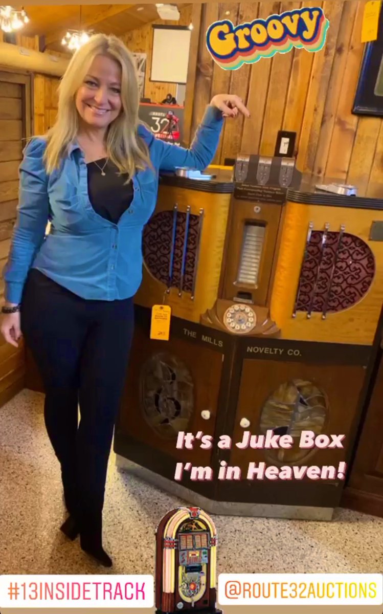 RealLauraSteele's tweet photo. Day made! #13INSideTrack is in Crawfordsville, IN at Route 32 Auctions where they have a vintage Juke Box! 🎶 I’m obsessed! Route 32 Auctions will be showcased on an upcoming segment on @WTHRcom after 13 News at Noon! https://t.co/YRbZrrHdz9