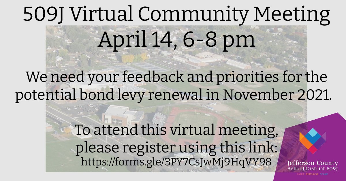 JCSD509J's tweet photo. 509J Virtual Community Meeting: 
April 14, 6-8 pm 
Your feedback is needed for priorities for our district facilities!  Register to receive the meeting information: 
 https://t.co/E1wADFPMAd https://t.co/hZFOa8uRWP