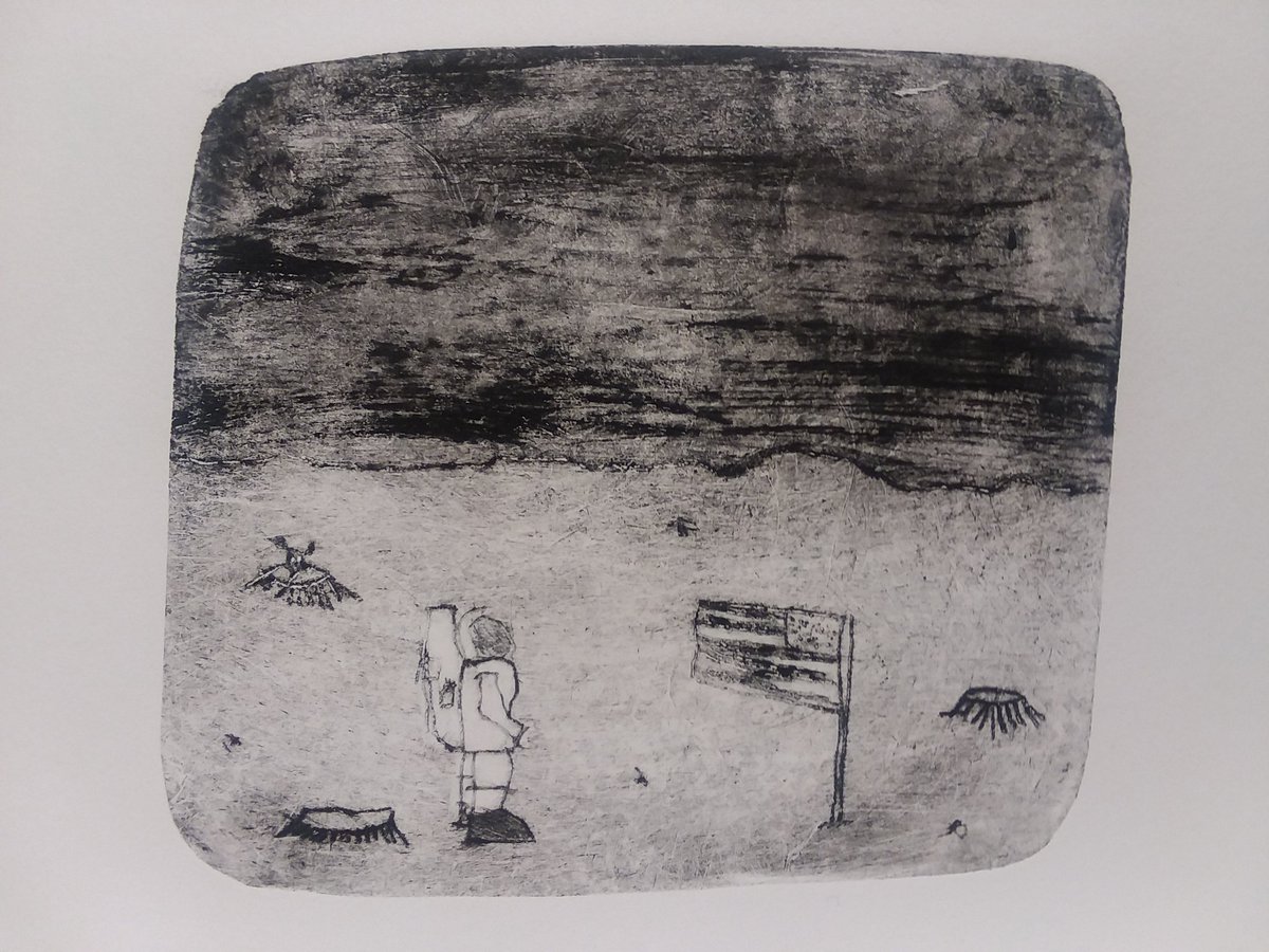 ADM_Ostrander's tweet photo. Check out these awesome drypoint prints! These prints were created using an intaglio process that involves creating a drawing into a surface like plastic. Ink is applied to the surface of the plate but then removed in a way that leaves ink in the grooves. Messy but so fun! https://t.co/HmS8mPnrSW