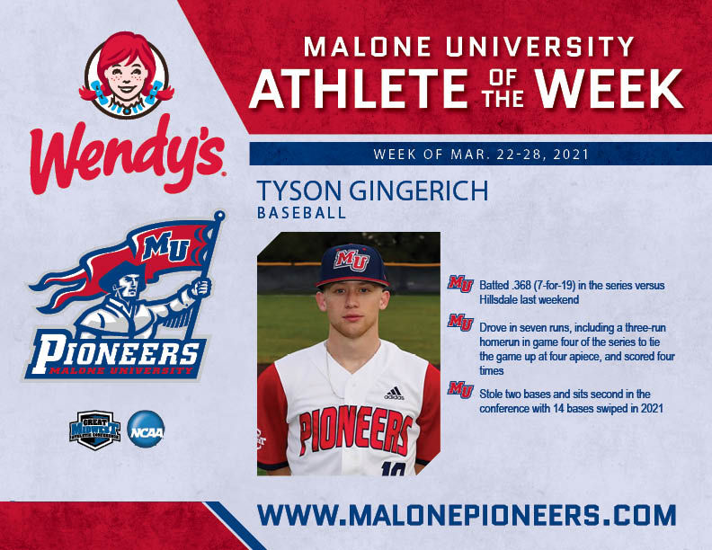 maloneathletics's tweet photo. Congratulations to @BaseballMaloneU Tyson Gingerich on being named Malone Athlete of the Week for March 22-28! https://t.co/qsY34dsDYS
