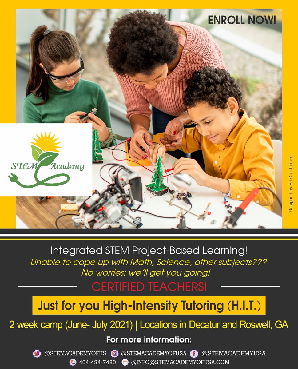 We understand the pressure that students are going through due to loss of learning in physical space.

Let us alleviate your worry...

Enroll in High-Intensity Tutoring (H.I.T), a 2 week camp, June-July 2021

forms.gle/7ituDmezUyC1JW… 

404-434-7480 | info@stemacademyofusa.com