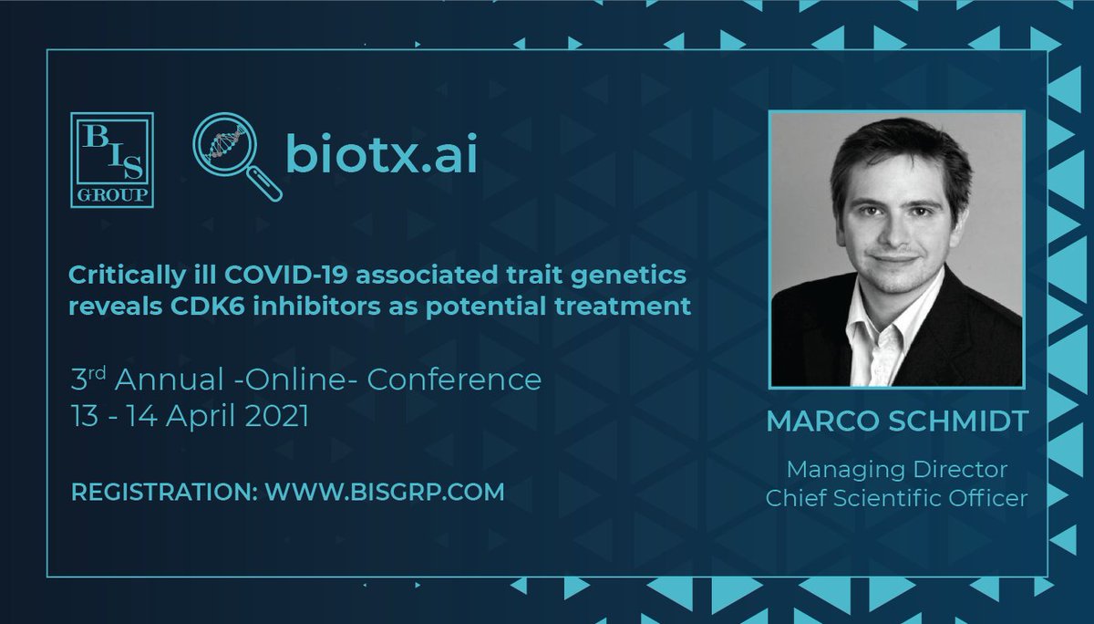 biotx_ai's tweet photo. If you want to learn, how we at #biotx.ai discovered a way to add more treatment opportunities for severe COVID-19 patients, register for an amazing event and listen to our CSO Marco Schmidt on April 14. Thank you @BisGrpCom for having us! https://t.co/LxRzzRTP42 #ai #COVID19 https://t.co/jjrh8oWax8