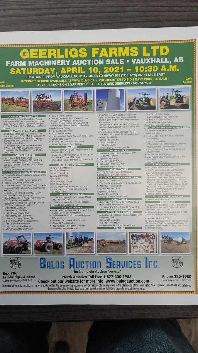 My uncle has Balog Auction April 10th in Vauxhall AB lots of older tractors and equipment especially beet equipment if you are looking retweets appreciated 

balogauction.com/calendar-detai…