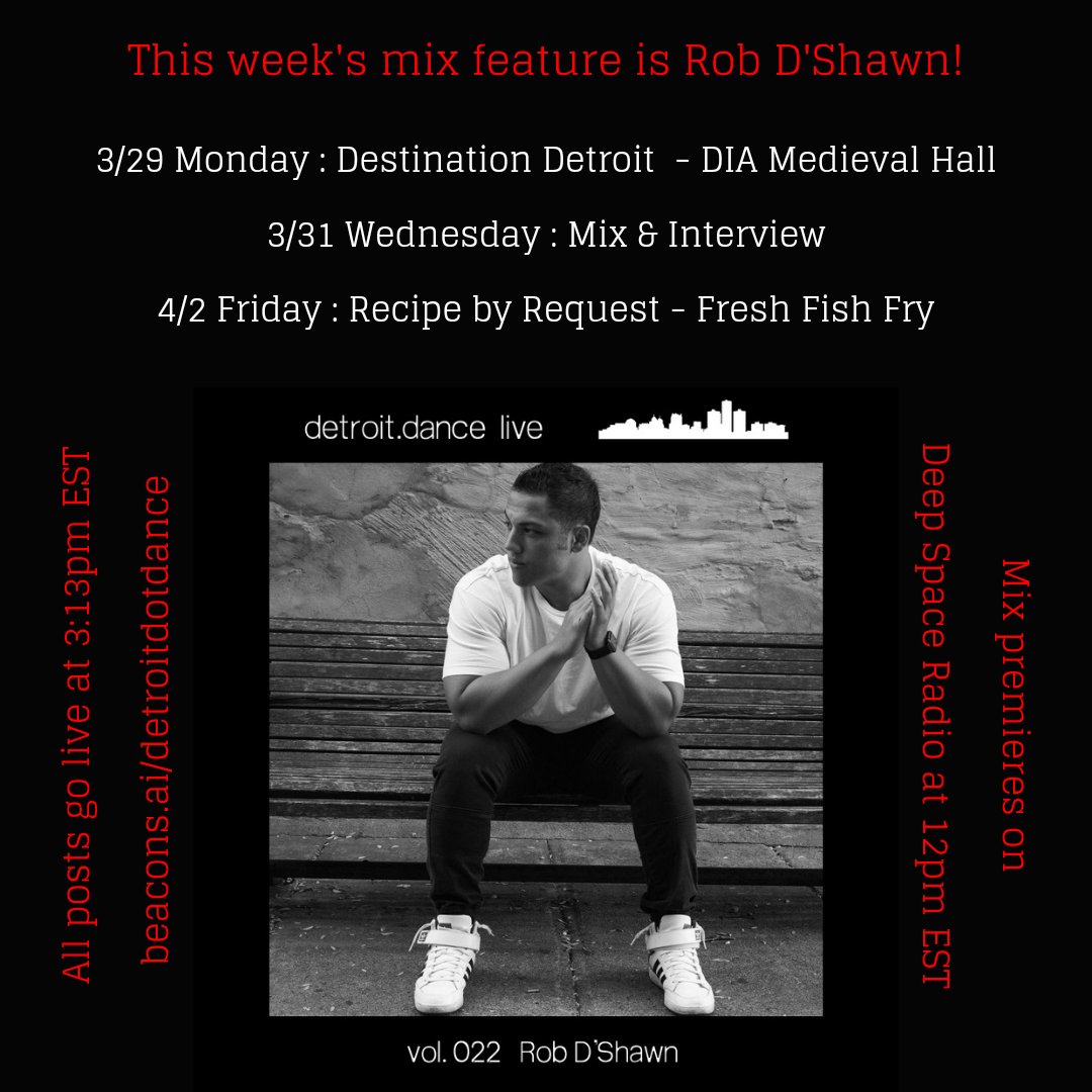 detroitdotdance's tweet photo. Welcome to March Mix Mayhem week four - this week's feature is @RobDShawn 😊⁠
⁠
Check out his #DESTINATIONDETROIT, up now via the link in bio!⁠
⁠
Stay tuned for his mix &amp; interview this Wednesday the 31st. 
⁠
#detroit #detroitdj #housemusic #techhouse #mixseries #interview https://t.co/CocHcwNOQj