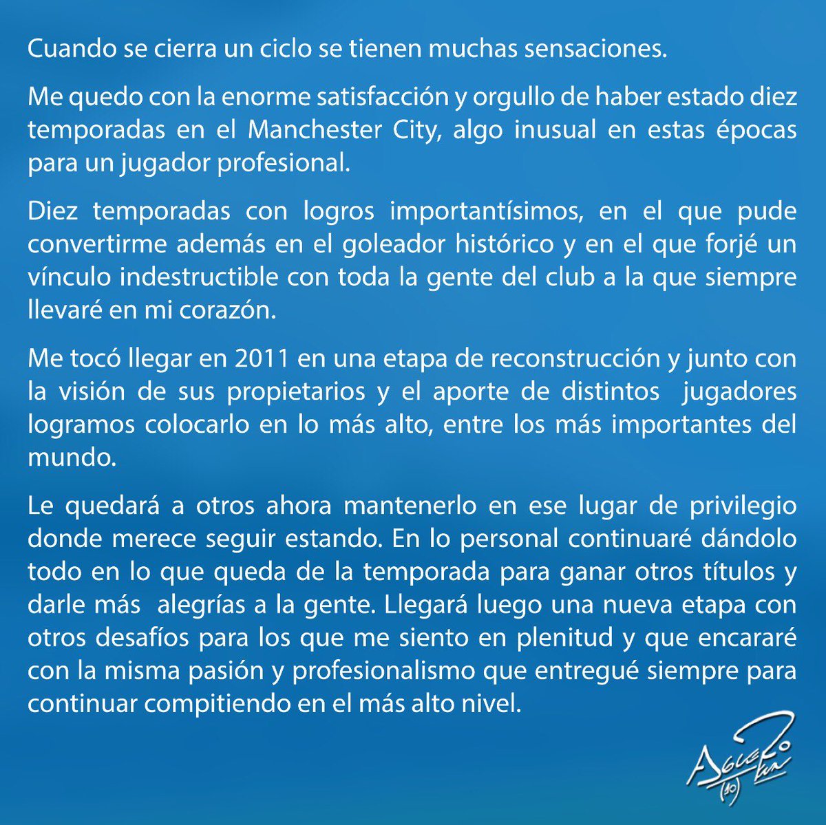 Tras 10 temporadas, Sergio Kun Aguero deja el Manchester City.