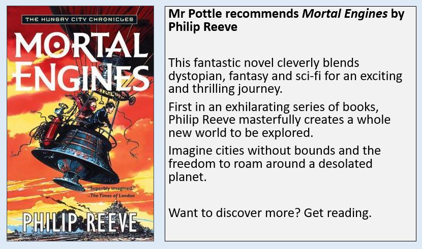 GlenWinEnglish's tweet photo. Mr Pottle starts our week with a dystopian/sci-fi classic: Philip Reeve's 'Mortal Engines'. Want to start a great new series with original plot and characters? Then look no further. @GlenWinEnglish @GlenmoorAcademy @WintonAcademyUL #bookrecommendations #newseries https://t.co/AkLuUjAubz