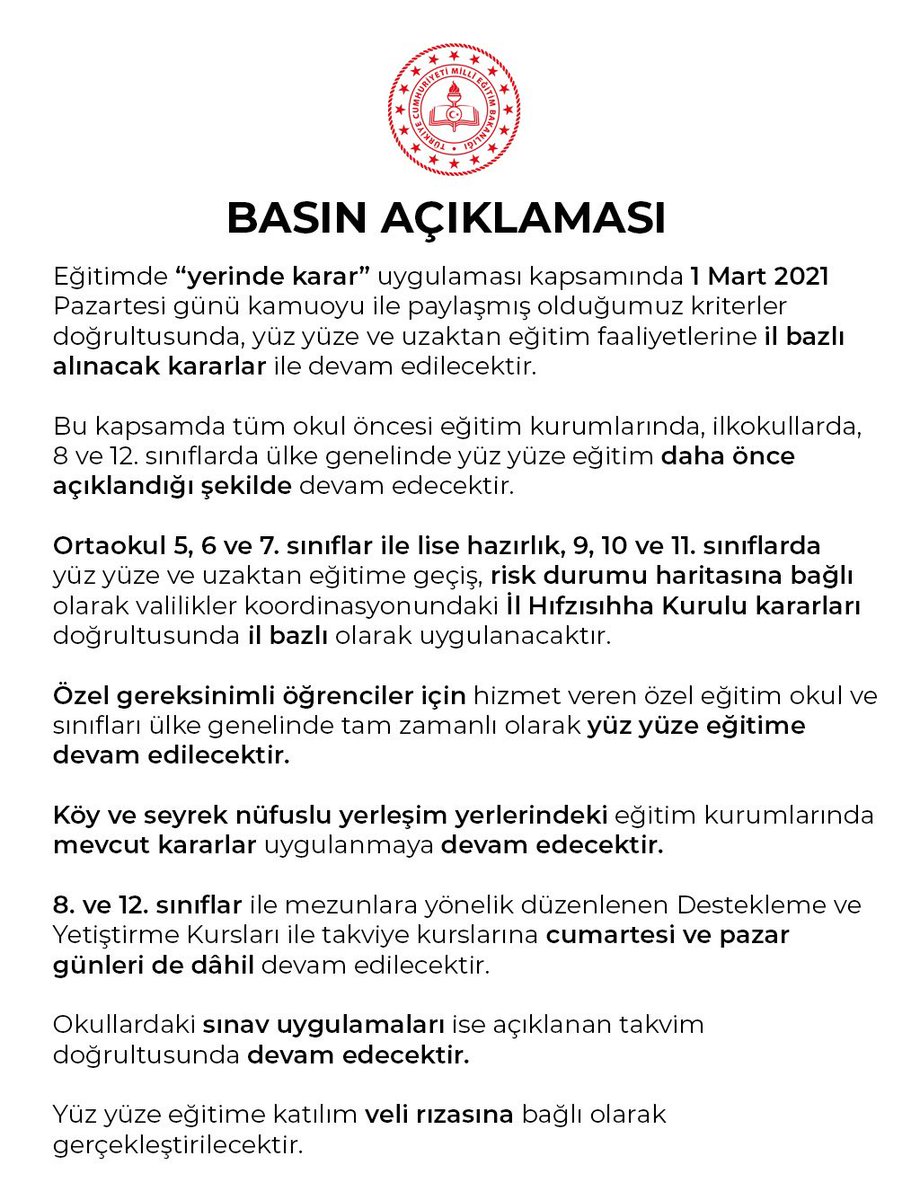 Yüz yüze ve uzaktan eğitimle ilgili uygulamalar, daha önce açıklamış olduğumuz kriterler doğrultusunda valiliklerimizin koordinasyonundaki il hıfzıssıhha kurullarının kararlarına göre devam edecek. Çocuklarımızın eğitim hakkı için herkesi daha çok sorumluluk almaya çağırıyoruz.