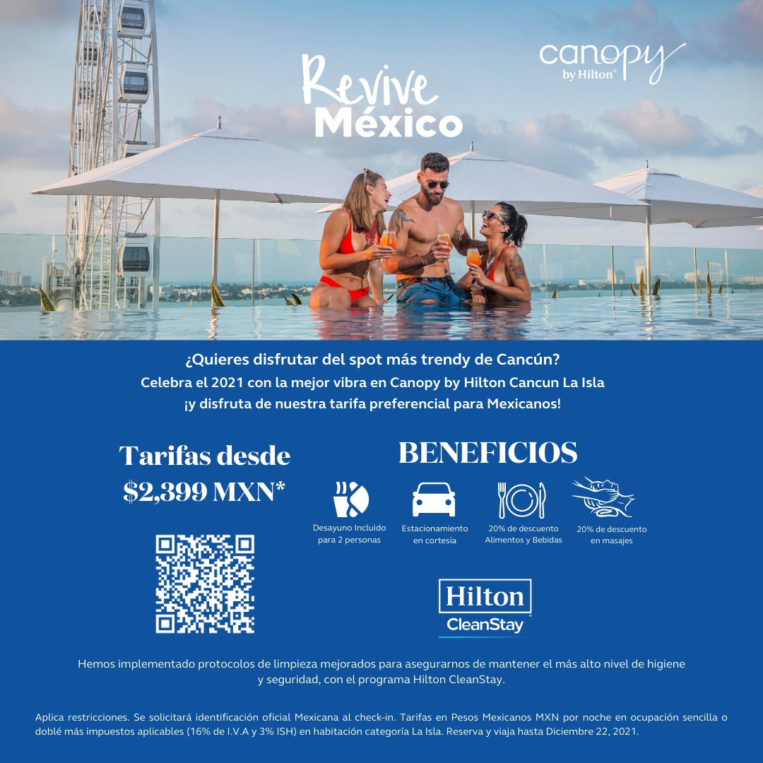Revive México y conoce nuestra tarifa para residentes Mexicanos. Desde $2,399 más impuestos. Disfruta de desayuno incluido para dos personas, 20% de descuento en alimentos y bebidas, estacionamiento incluido y 20% de descuento en servicios de masaje.

🔗bit.ly/3kYtJb9