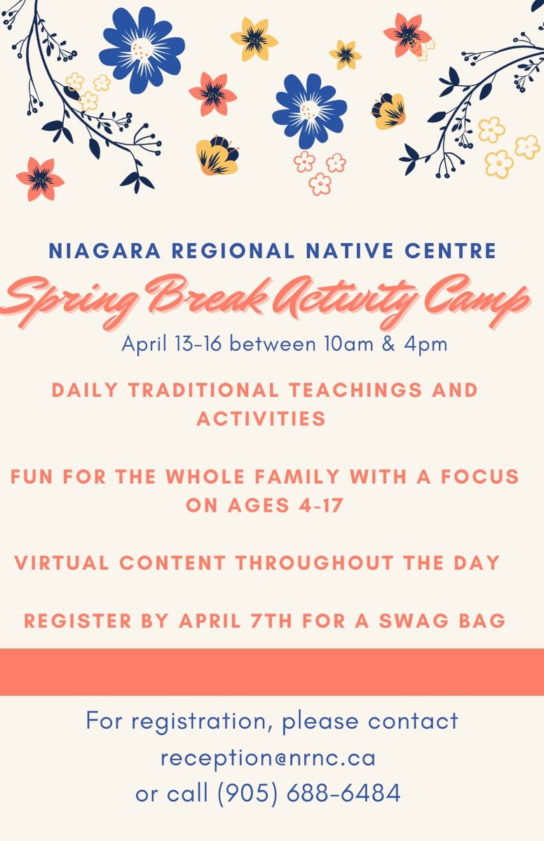 DsbnIndigenous's tweet photo. Hey @dsbn NRNC is having a Spring Break Camp. A traditional teaching or story to start &amp; end each day. Interactive family activities. Camp April 13-17. No registration needed to participate, but if you want the activity bag contact by April 7 at 905-688-6484 or reception@nrnc.ca https://t.co/QoJULk54Ur