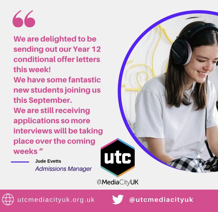 UTCMediaCityUK's tweet photo. We are delighted to be sending out our Year 12 conditional offer letters! #6thform #college #mediacityuk #thinkutc #creativity #offerletter #conditionaloffer #btec #alevels https://t.co/ix4nnkzT11