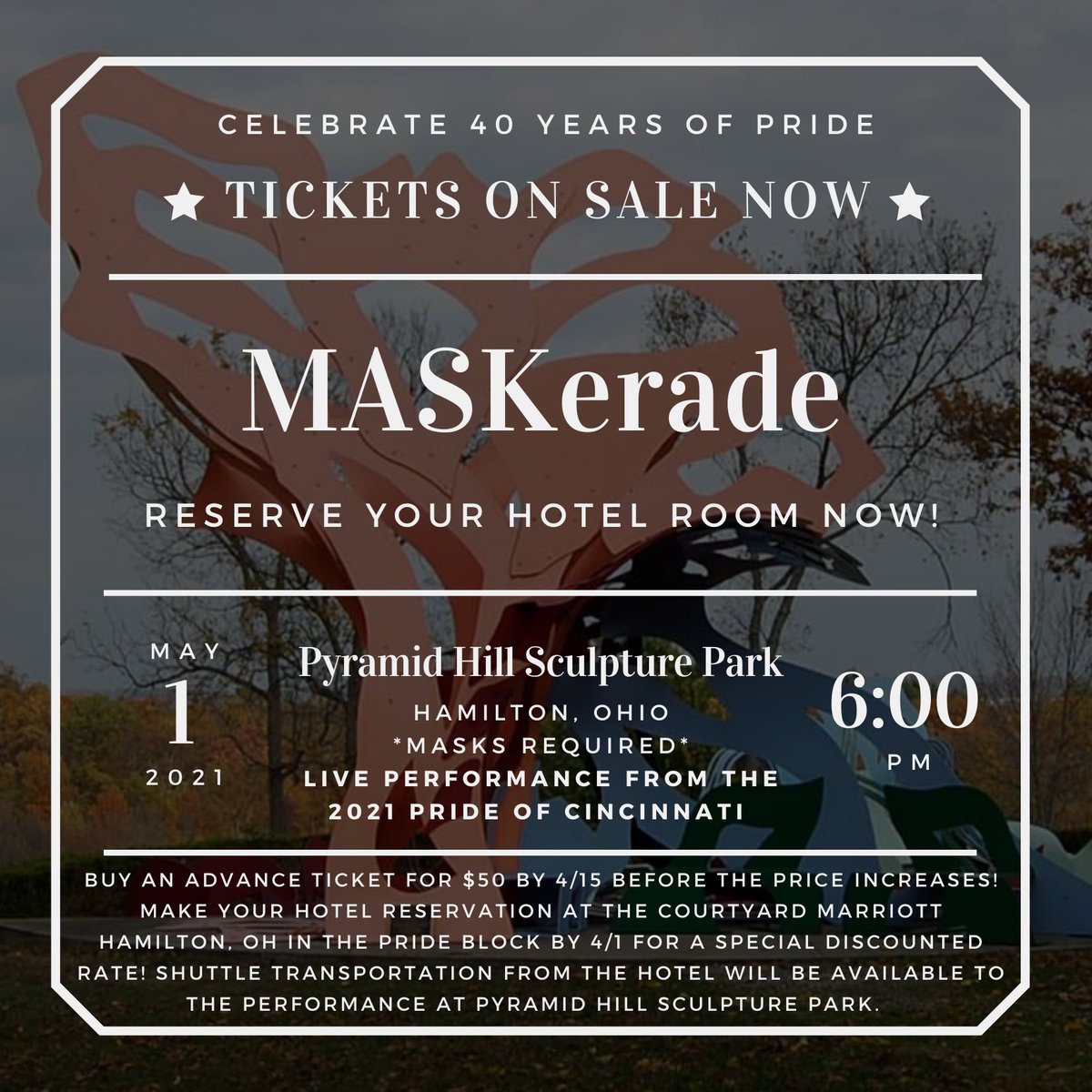 Make your hotel reservation by April 1st to receive the discounted Pride block rate! Get your tickets to Pride's in-person performance by April 15th before the price increases! 

tickettailor.com/events/prideyo…

#MASKerade #prideofcincinnati #wgi #wgi2021 #colorguard #winterguard