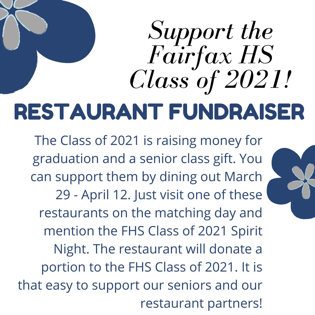 Please support the Class of 2021 and our local restaurants with a dinner out or take away! Today and tomorrow's restaurant is Coyote Grille. Mention you are supporting the FHS Class of 2021 and Coyote Grill will donate a portion to our graduating class.