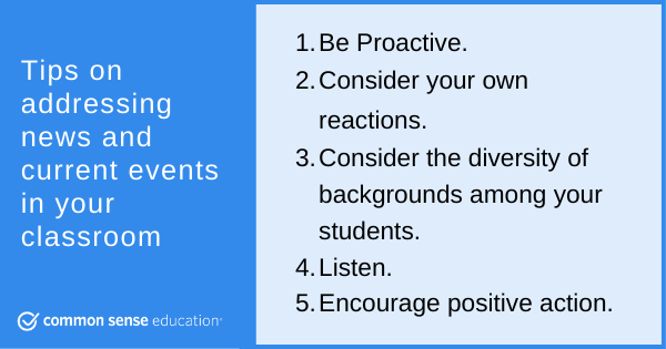 CommonSenseEd's tweet photo. Use these tips (and resources!) as a guide for addressing news and current events in your classroom. Learn more #ditcit #newsliteracy https://t.co/QQqP4FtNLt https://t.co/jWygdIJS0H