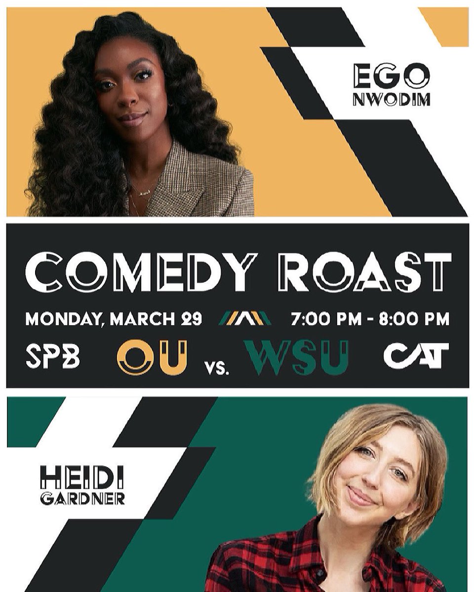 OUSPB's tweet photo. Happening TONIGHT at 7 p.m.! You don’t wanna miss out on this OU vs. WSU roast with Heidi Gardner and Ego Nwodim! Register on Grizzorgs now to get the soon link.
#ouspb #snl #comedyroast https://t.co/11xmIppt7G