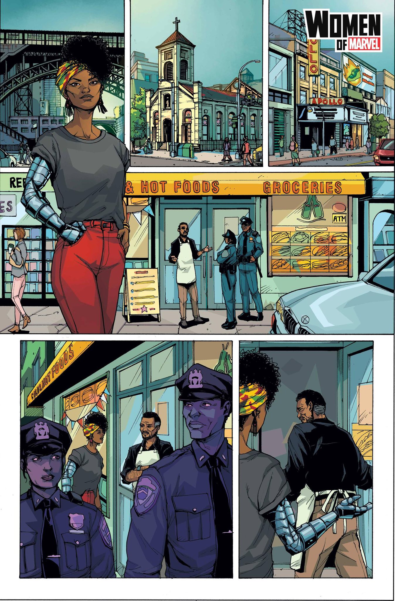 Misty Knight walks along Harlem streets and notices police outside a deli.