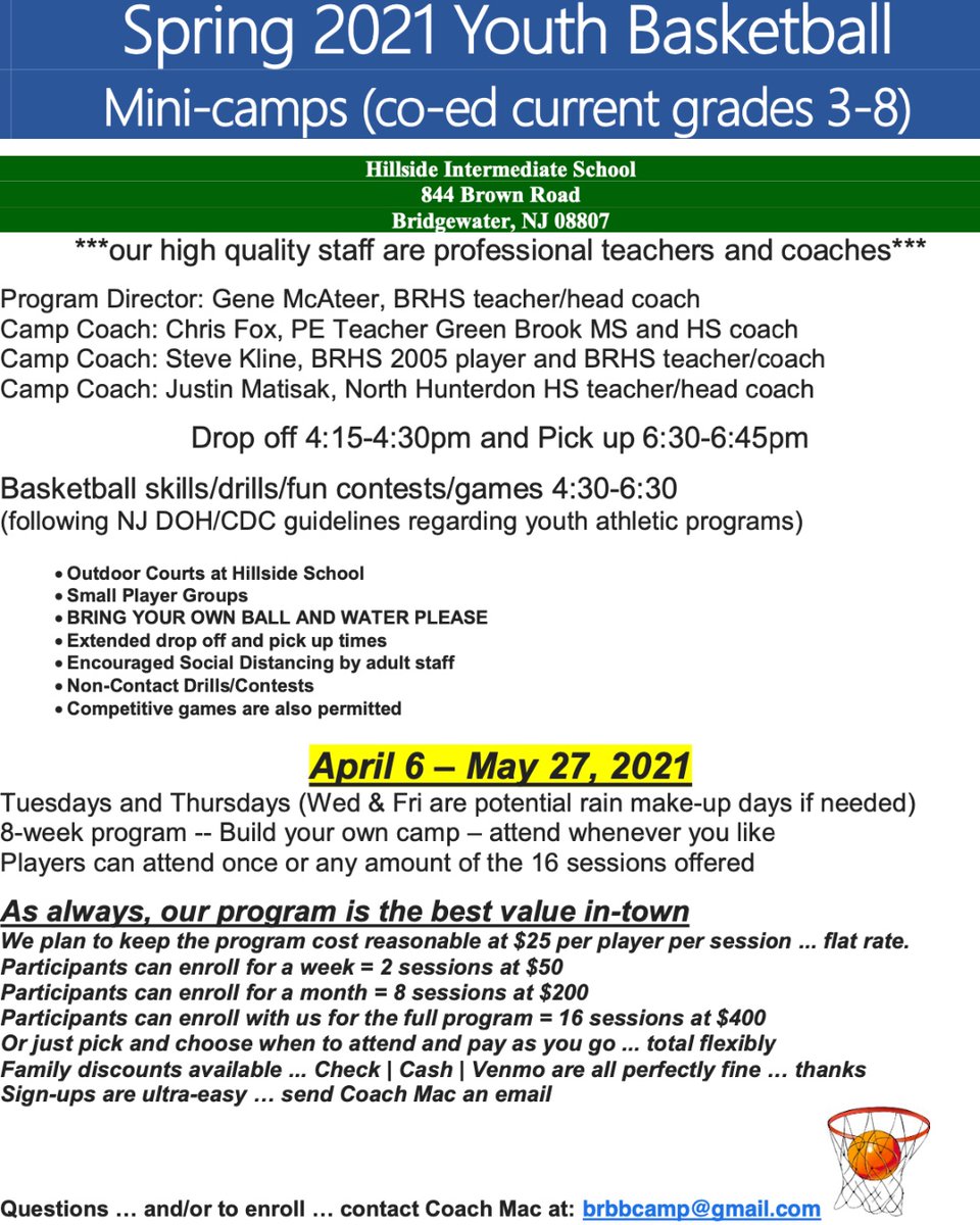 BRHS Panther Athletic Club (@brhspac) on Twitter photo 🏀🏀 Grades 3-8 Spring Basketball Camp 🏀🏀
Coach McAteer will hold camps April 6 - May 27 at Hillside.
*Flexible options available, see flyer for more details.
👉Email Coach Mac to Sign Up today - brbbcamp@gmail.com
👉Pay via cash, check, or Venmo
<a href="/BRHS_Basketball/">BRHS Basketball</a> 🏀🏀 Grades 3-8 Spring Basketball Camp 🏀🏀
Coach McAteer will hold camps April 6 - May 27 at Hillside.
*Flexible options available, see flyer for more details.
👉Email Coach Mac to Sign Up today - brbbcamp@gmail.com
👉Pay via cash, check, or Venmo
<a href="/BRHS_Basketball/">BRHS Basketball</a>