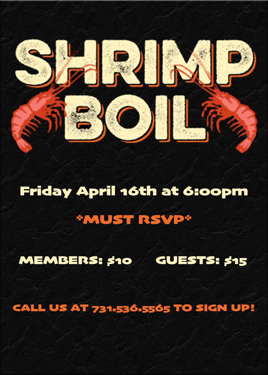 Looking for some good food and a fun night? We would love you you to join us Friday, April 16th at 6:00pm for a shrimp boil! You must RSVP by April 14th. We will have to-go plates for anyone that does not want to eat at the clubhouse. Hope to see you there! 🦐