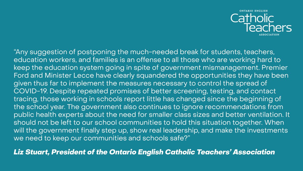 Catholic Teachers (@oectaprov) on Twitter photo A statement from OECTA President, Liz Stuart (<a href="/OECTAprez/">René Jansen in de Wal, OECTA President</a>) regarding the possibility of the Ford government further postponing the spring break. #onted #onpoli A statement from OECTA President, Liz Stuart (<a href="/OECTAprez/">René Jansen in de Wal, OECTA President</a>) regarding the possibility of the Ford government further postponing the spring break. #onted #onpoli