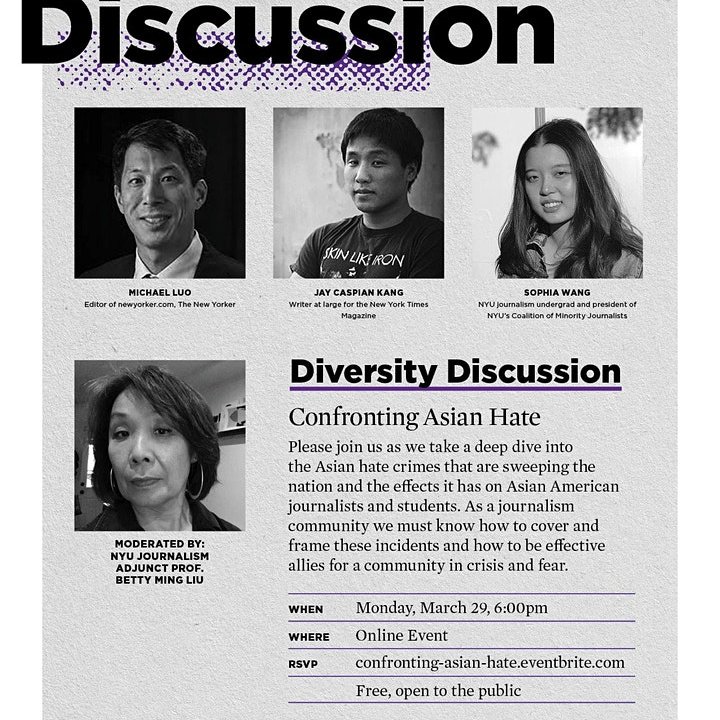 nyucmj's tweet photo. Join us today @ 6 pm EST for a panel discussion about recent anti-Asian hate crimes and what we can do as a journalism community. Link to RSVP in bio. https://t.co/mcQsNNoWKS