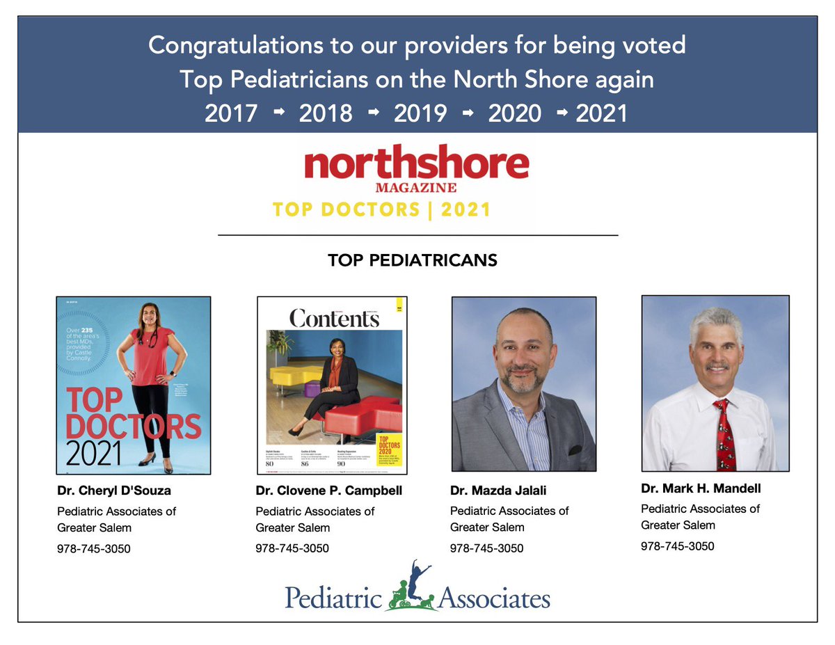pagsinfo's tweet photo. PAGS has been voted Top Docs! Congrats Dr. Campbell,  Dr. D'Souza, Dr. Jalali and Dr. Mandell. 5 years in a row! #topdocs #beverlyma #salemma #northshorema #pediatrics #healthykids #cuttingedgedocs #stayingcurrent #keepcalm #washyourhands #nursesrock #WeLoveOurNurses #thankful https://t.co/EcUdRo7F4H
