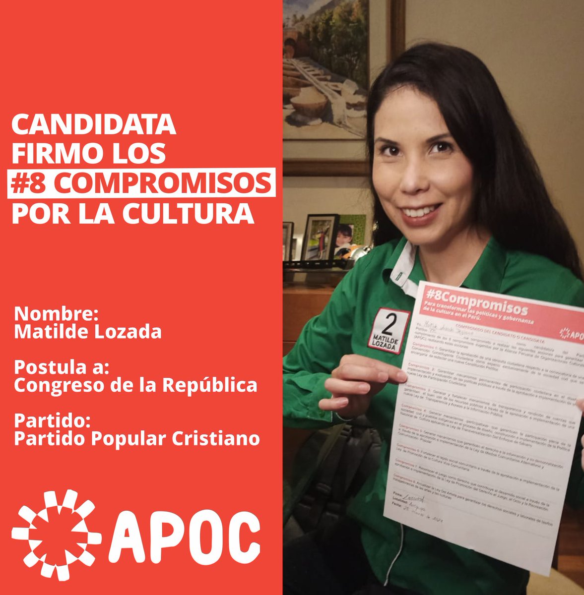 apocperu's tweet photo. #8compromisos
Matilde Lozada, candidata al Congreso por el Partido Popular Cristiano, asumió los 8 Compromisos para transformar las políticas y gobernanza de la cultura en Perú.
Organízate e impleméntala en tu comunidad -> https://t.co/fPbQHxhDhD https://t.co/CPwLS4d1JJ