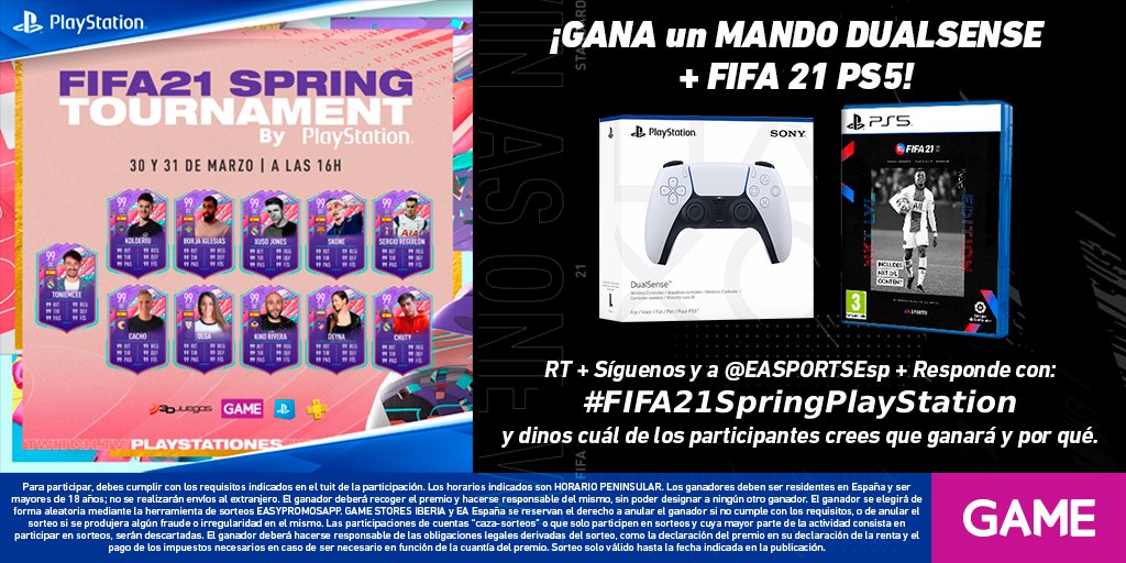 VideojuegosGAME's tweet image. ⚽ Flípalo con el TORNEO DEFINITIVO de FIFA 21 ⚽

GANA un LOTE de DUALSENSE + #FIFA21 de #⚽PS5
¿Cómo participar? ➡ Imagen.
#FIFA21SpringPlayStation 

🛒 Consigue FIFA 21 a precio TOP en GAME:
bit.ly/3lUC4NW

📱 ¡No te pierdas el torneo!
twitch.tv/PlayStationES