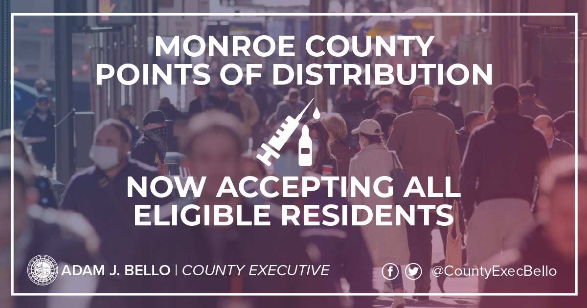 #COVID19 vaccine appts are available for TOMORROW, 3/30 at the Riverside Convention Center for any eligible Monroe County resident. Validated parking in the South Ave garage, handicap parking in front of the Convention Center. Appts at the link below:
monroecounty.gov/healthcalls/va…