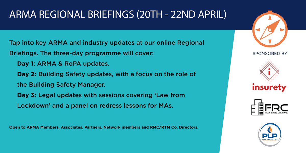 tpi_online's tweet photo. Save the dates! Our Regional Briefings will be taking place  from April 20th to April 22nd. Open to all ARMA members, our 3-day programme will cover RoPA, building safety updates &amp; legal updates - including a panel on redress lessons for MAs. Book now: https://t.co/tsd6sdfUHz https://t.co/iMsUx49zYQ