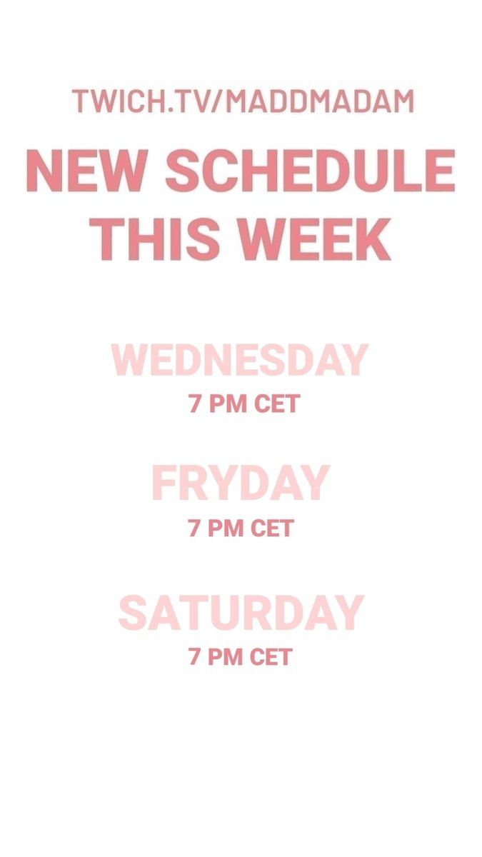 Lol_Madd's tweet photo. ♡NEW SCHEDULE FOR THIS WEEK!!! See you then!♡
#twitchkittens #twich #streamer #live #schedule #time #goal2021
#gamergirl #nerdgirl #horrorgames #horror #PS4 #playstation4
#vrps4 #Vr #vrchat #games #followers #beatsaber #scedule #fivenightsatfreddys
#weekend #pistolwhip https://t.co/5w8FBJoMVz