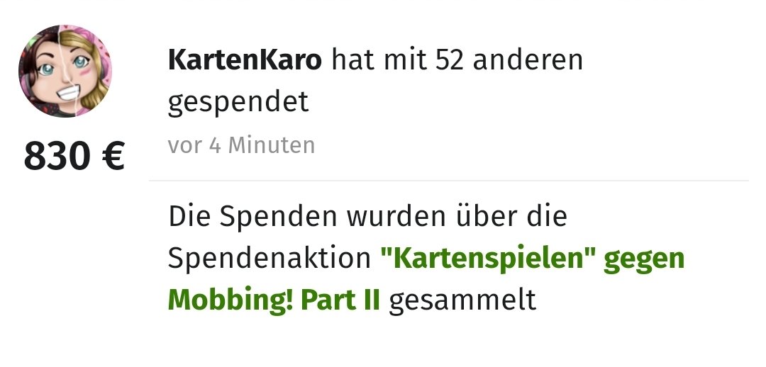kartenkaro's tweet image. So.. die Spendensumme von 830€ habe ich eben dem Projekt &quot;(Cyber)-Mobbing an Schulen verhindern&quot; zugeordnet und die Spende wird dem @Helden_eV sehr gut helfen.💜
Danke nochmal an alle. 💜Egal ob Raid/Host/RT/Spende... wir haben alle zusammen was bewegt.💜
#alleloben #heldenloben