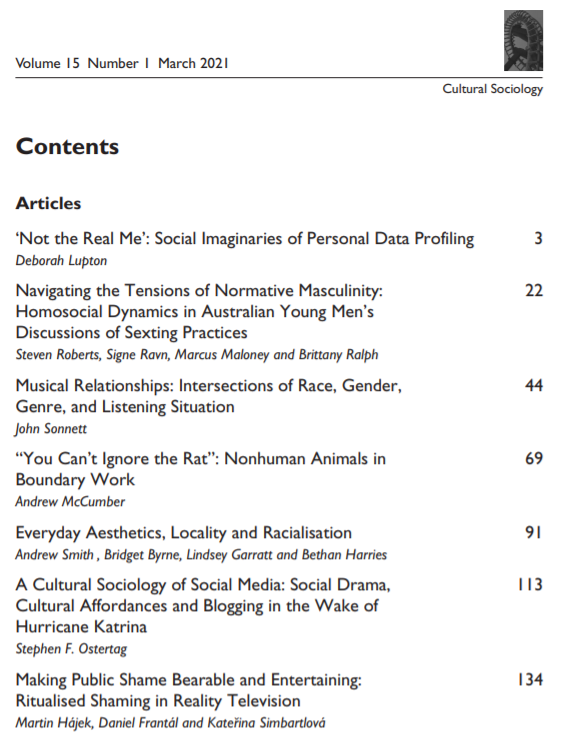 CulSoc's tweet photo. Have you read our March issue yet? Find articles on sexting practices, musical relationships, public shaming on reality TV and more at https://t.co/M2ty02mz4t https://t.co/fqqu6EL96g