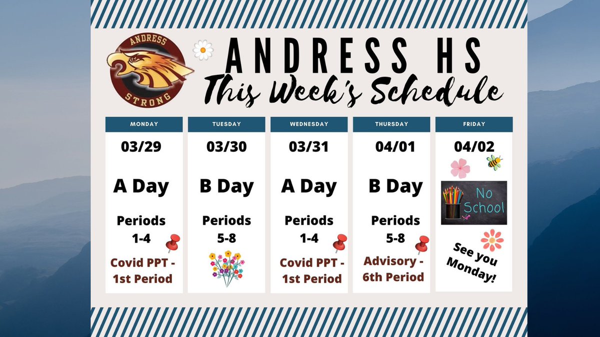 mnspromotionals's tweet photo. Heyyy Andress🦅 Fam!👋 Here is your schedule for this short 😍week. Have a great one!✊
Holaaa Familia de Andress🦅! 👋 Aquí está su horario para esta corta 😍semana. ¡Que tengas una semana!✊
#IamEPISD #shortschoolweek #thisweeksschedule https://t.co/a90Ip1R7mp