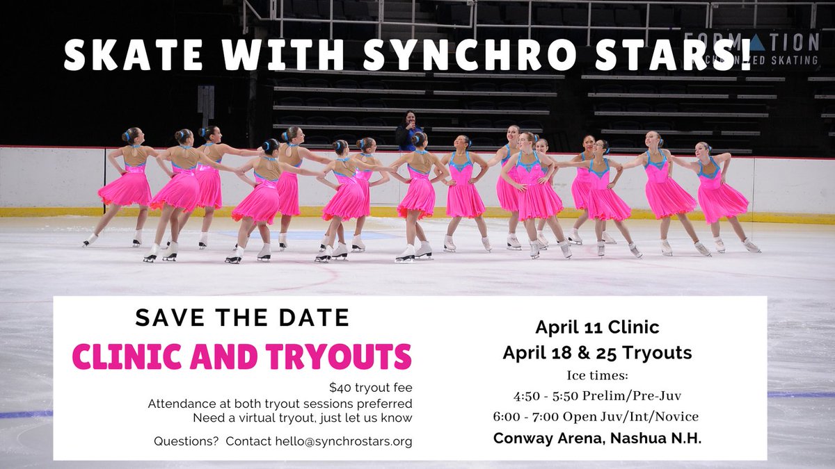 Synchro Stars Clinic and Tryouts coming  April 11, 18 &amp; 25.  We welcome all skaters working on Freestyle 3 through Senior Moves-in-the-Field.  See you there!!
#gosynchrostars #synchroskate #conwayarena