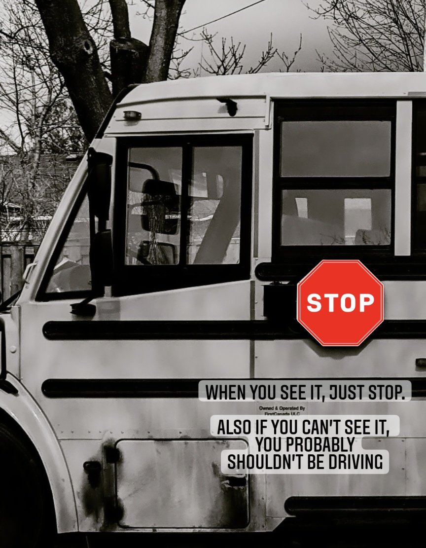 I love this week's Black &amp; White shots, I thought this was a fitting photo to start the week, I added a fun touch, but it's a real concern. When you see it, please stop, I see to many drivers passing stopped school busses.

#art #photography <a href="/TPSChrisBoddy/">Chris Boddy</a>