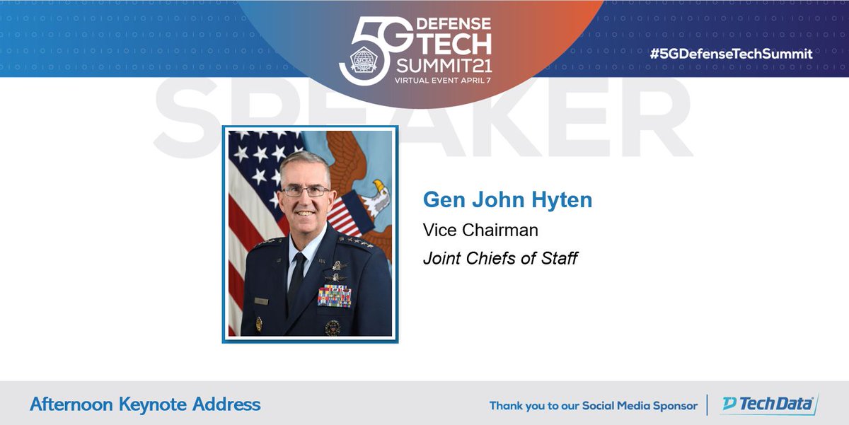 AFCEA DC is excited to announce that General John Hyten will deliver the afternoon keynote address at the #5G Defense Technology Summit!

Government and Military attend free!

Register Today: dcevents.afceachapters.org/5gdefensetechs…