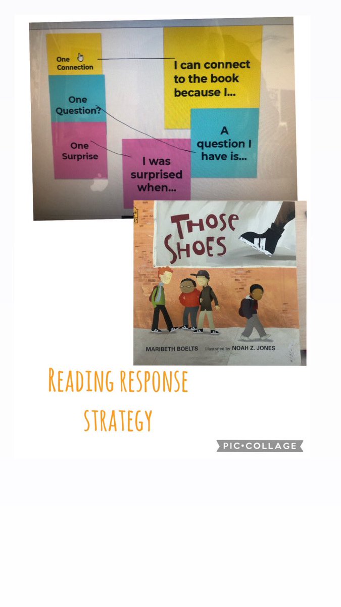 Our reading strategy response today. One connection, one question, one surprise to the book “those shoes” @maribethboelts . Thanks to @harste1 for this strategy @PeelSchools