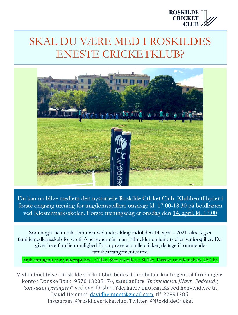 Cricket er tilbage på landkortet i @roskildekommune. Skal du være med? #roskildecricket #dkcricket