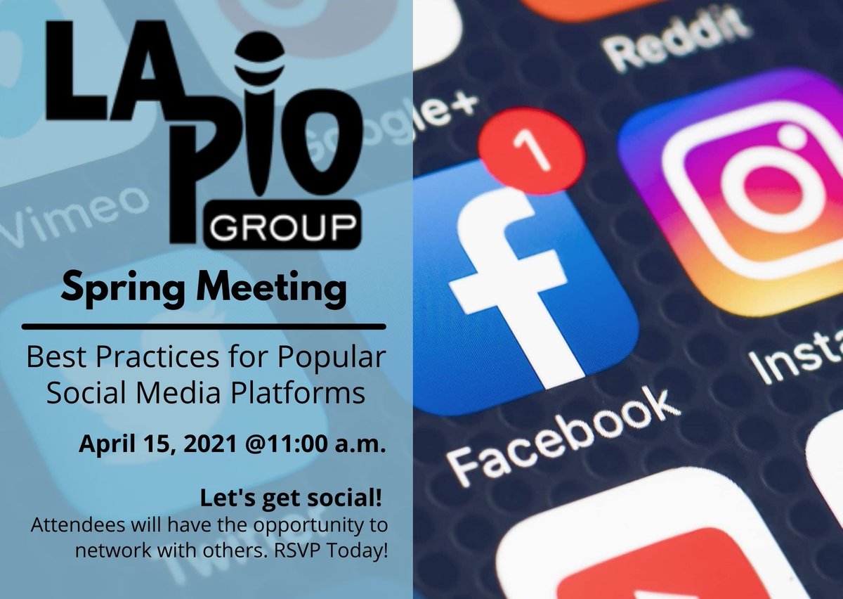 GreaterLAPIO's tweet photo. Learn best practice tips for using popular social media platforms like Facebook, Twitter, and Instagram at our 04/15 Spring meeting. Join us to learn, share, and network! Register today: https://t.co/Gn0kIzKTJF 
The LAPIO Group is free to join, share with others. #LAPIOMeets https://t.co/7Oa4shjMiM