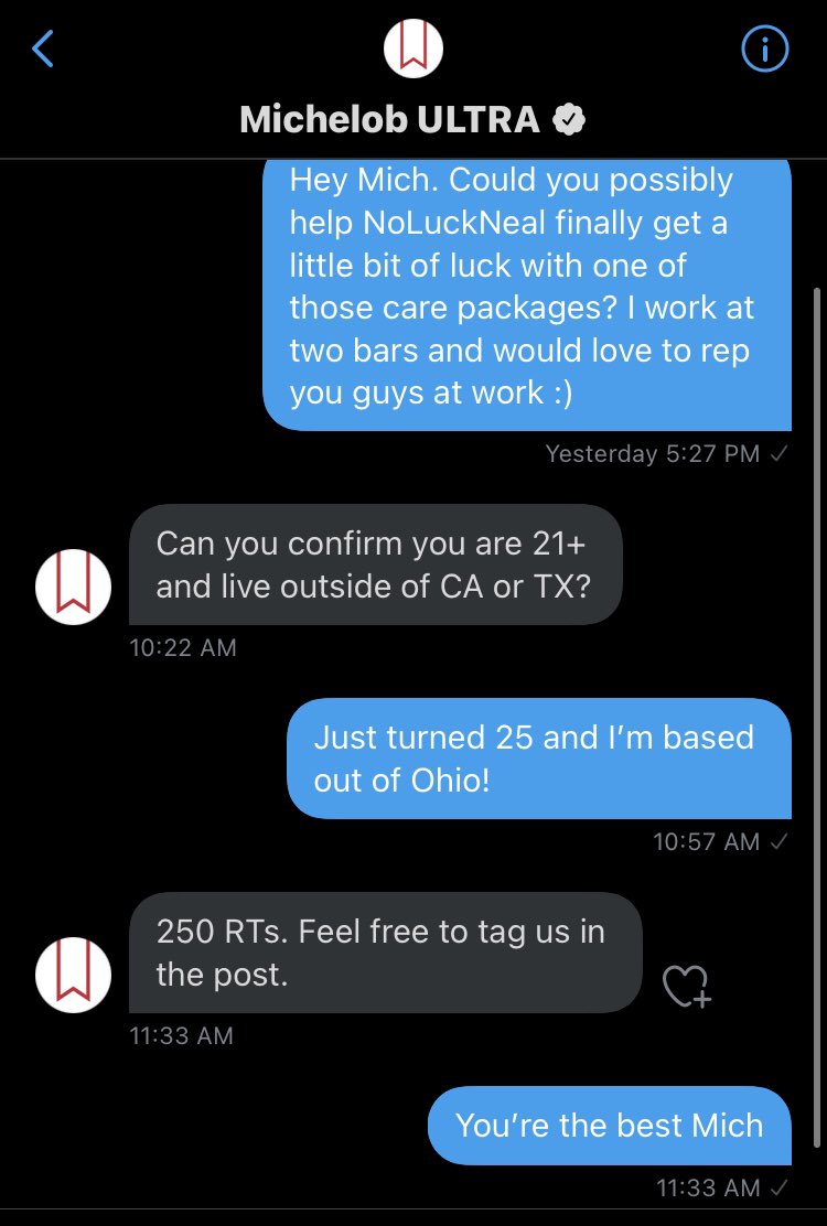 Hungover as fuck. Retweeting this is the only way to make me feel better
<a href="/MichelobULTRA/">Michelob ULTRA</a>