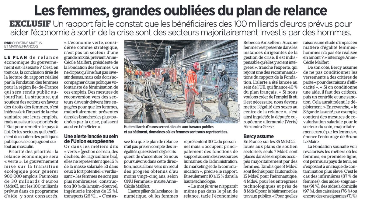 Les femmes seront-elles les grandes oubliées du plan de relance prévu pour aider l'économie à sortir de la crise ? Selon <a href="/le_Parisien/">Le Parisien</a>, les secteurs qui bénéficieront du #soutien des politiques publiques se conjugueront majoritairement au #masculin