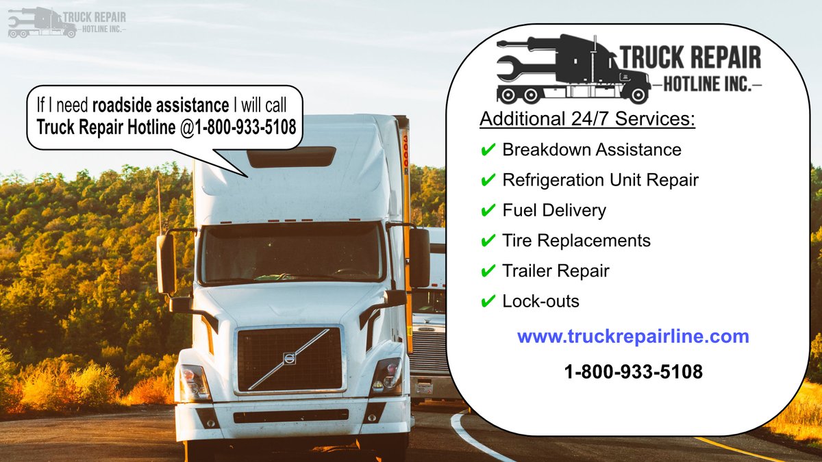 TruckRepairLine's tweet photo. Truck Repair Hotline Inc. can take calls from your customers 24 hours a day and dispatch mobile repair to them or even to make arrangement for shop repairs in Canada or USA. #Trucks #Trucking #OwnerOperator #truckinglife #truckingindustry #truckingjobs #truckingcompany https://t.co/oBtMQZ27Tf