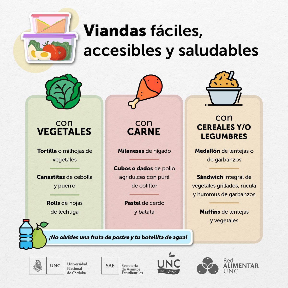 🎒🍴Viandas saludables⁣
⁣
👉🏻 Muchas veces tenemos que realizar comidas fuera de casa y pueden surgir algunas dudas sobre qué alimentos elegir a la hora de armar las viandas, por esto desde el Programa #UNCSaludable junto a #RedAlimentar te compartimos algunas ideas:⁣