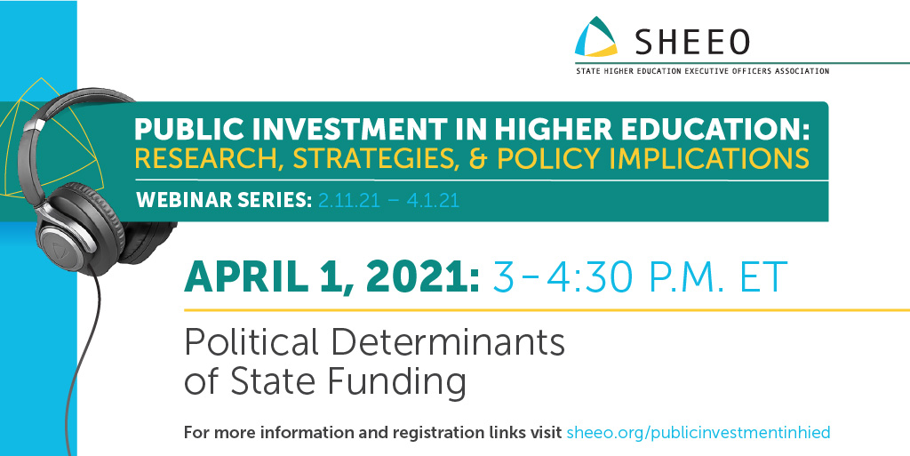 Join us for the last session of SHEEO’s Public Investment in Higher Education: Research, Strategies, and Policy Implications virtual convening, “Political Determinants of State Funding,” this Thursday, April 1, at 3 p.m. ET.  bit.ly/3iccqmk. (1/4)