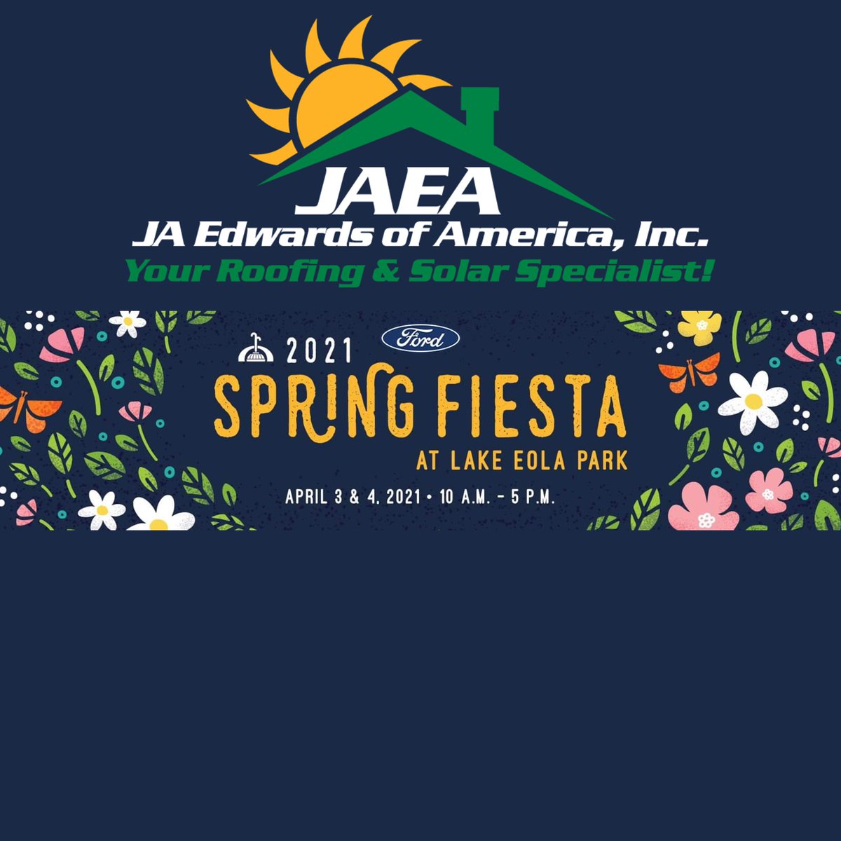 JAEARoofs's tweet photo. Stop by our booth this weekend Saturday-Sunday 10am - 5pm April 3rd & 4th and say Hi during the #FiestaInThePark at @LakeEolaPark #JAEdwardsOfAmerica #Roofing #Solar #Easter #Spring #Orlando https://t.co/pcL6Tll9UZ