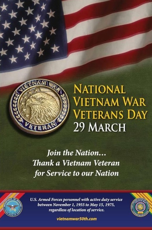 Monday, March 29th is The National Vietnam War Veterans Day.
#HonorOurVeterans  #ThankOurVeterans  #SupportOurVeterans 
#WelcomeHomeVietnamVeterans  #ThankYouForYourServiceAndSacrifice 
#AllGaveSome  #SomeGaveAll  #NeverForget
🇺🇸❤️🙏❤🇺🇸