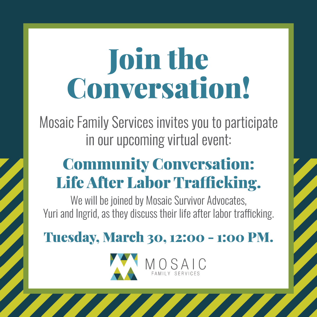 mosaicfreedom's tweet photo. Register now for our free virtual event on Life After Labor Trafficking: https://t.co/7a7G6azK4A
#MosaicFamilyServices #HumanTrafficking #LaborTrafficking #Survivors #Dallas #Texas https://t.co/7ET4HHn3nI