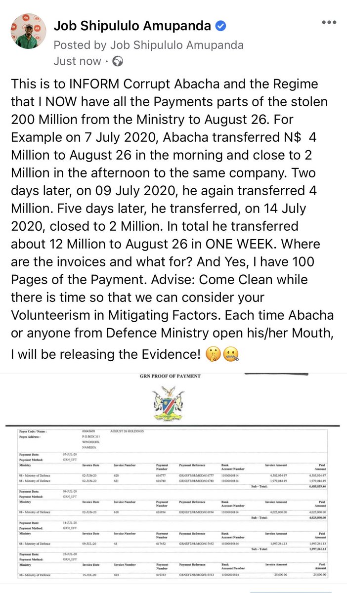 This is to INFORM Abacha &amp; the Regime that I NOW have all the Payments from the Ministry to August 26. Come Clean while there is time so that we can consider your Volunteerism in Mitigating Factors. Each time Abacha his/her Mouth, I will be releasing the Evidence! 🤫🤐