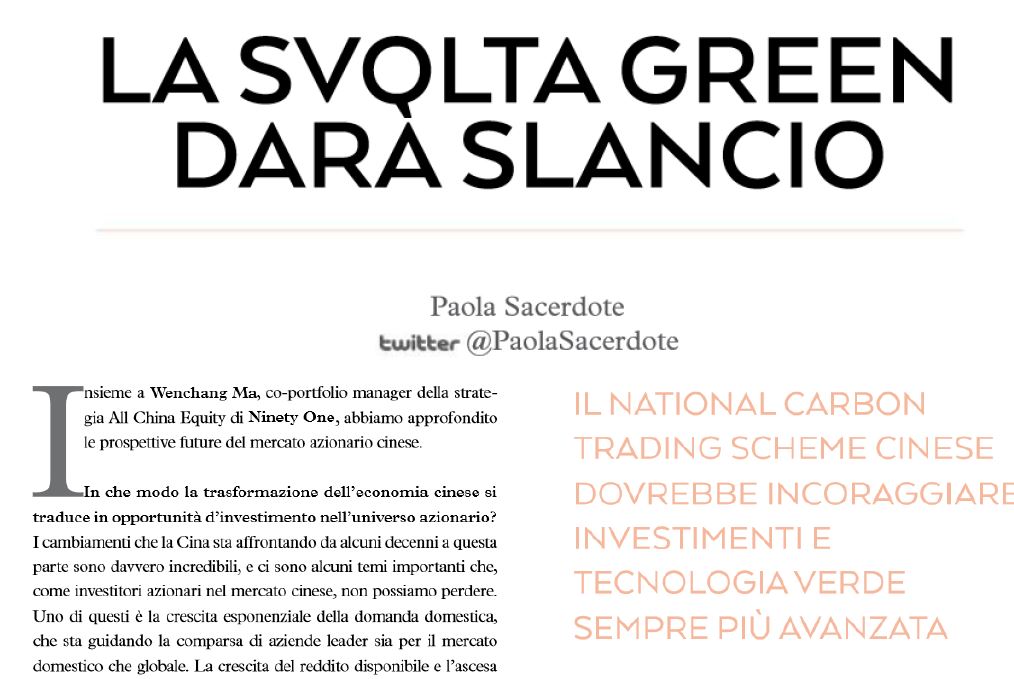 ninetyone_it's tweet photo. Wenchang Ma, co-portfolio manager della strategia All China Equity di #NinetyOne ha parlato ad @ADVISOR_ONLINE  delle prospettive del mercato azionario cinese legate alle opportunità date dal piano di transizione green. https://t.co/SFsAflMNkJ